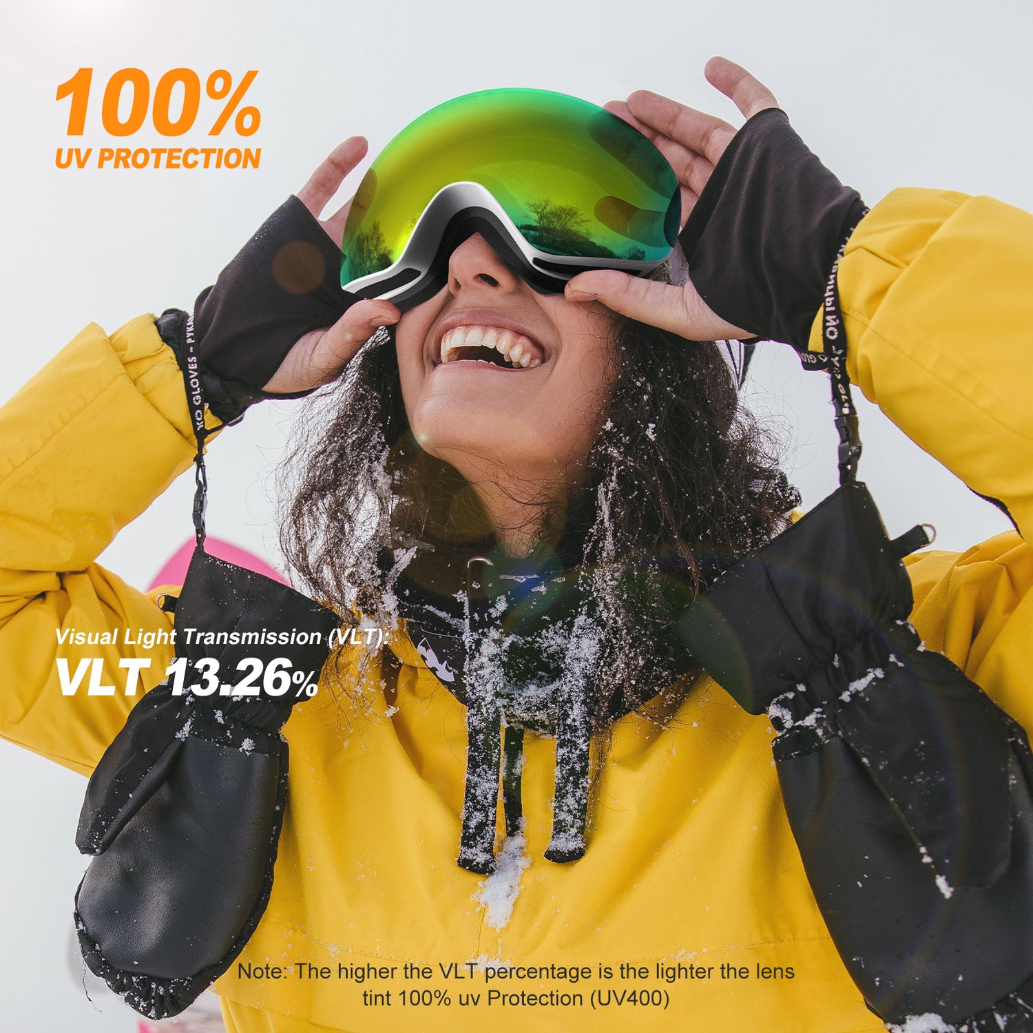 a women wears snow goggles for skiing
